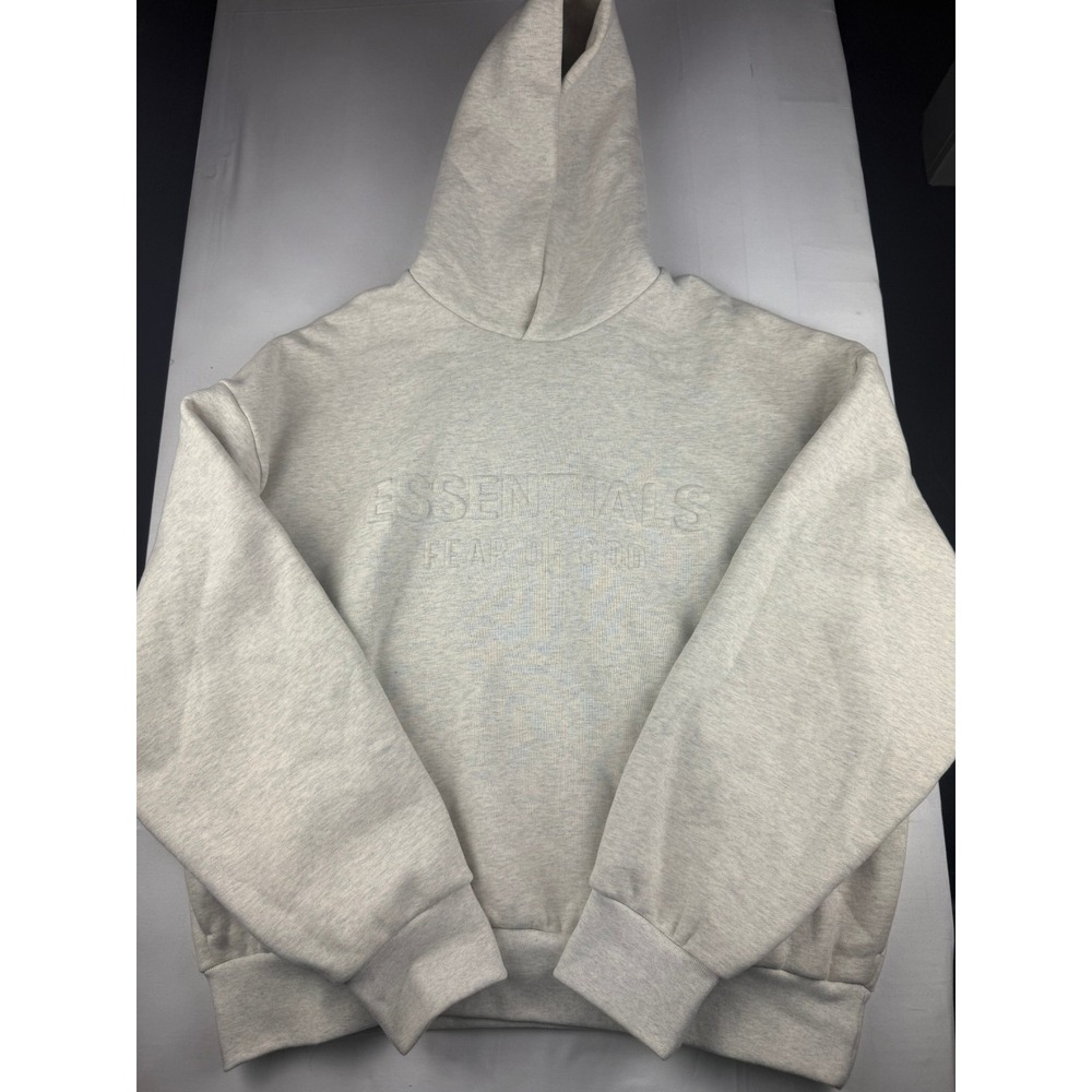 Fear of God Essentials Hoodie Large Oatmeal Grey Embossed Logo Fleece Sweatshirt